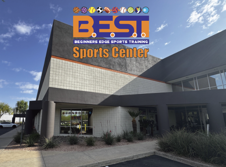 Exterior view of Beginners Edge Sports Training Center building with BEST Sports Center logo and sports icons.